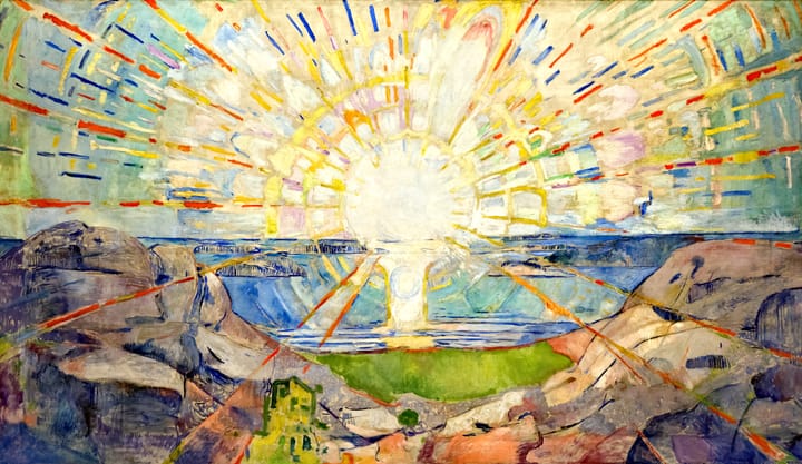 Painting of a radiant sun with vibrant rays over a landscape, in a dynamic, abstract style by Edvard Munch.
